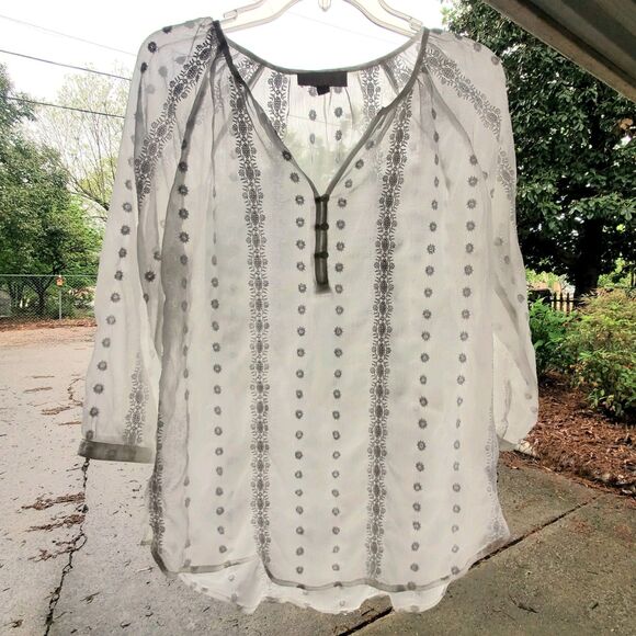 Sheer Embroidered Top M Popover 3/4 Sleeve Gauzy Boho Fairy Etherial Coverup - Picture 4 of 16